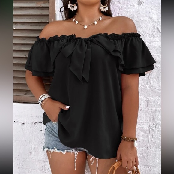 Luxe plus size black off shoulder tie front frill trim blouse - Picture 15 of 15